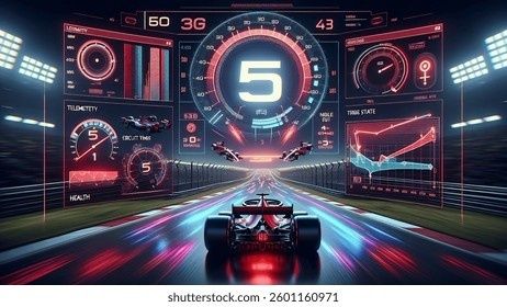 Raceauto op een circuit met digitale telemetriepanelen op de achtergrond