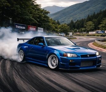 Blauwe sportwagen glijdt rokend door een scherpe bocht op een circuit